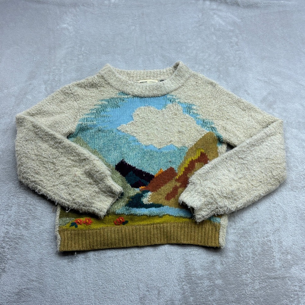 Anthropologie Sleeping on Snow Sweater Womens S Beige Scenic Intarsia Wool Blend